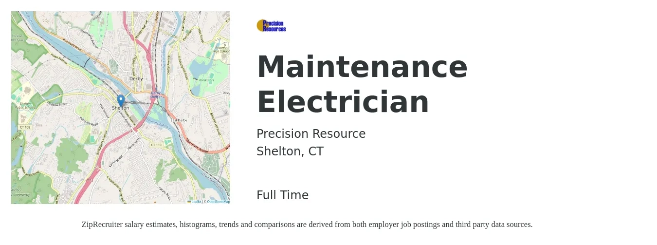 Precision Resource job posting for a Maintenance Electrician in Shelton, CT with a salary of $28 to $36 Hourly with a map of Shelton location.
