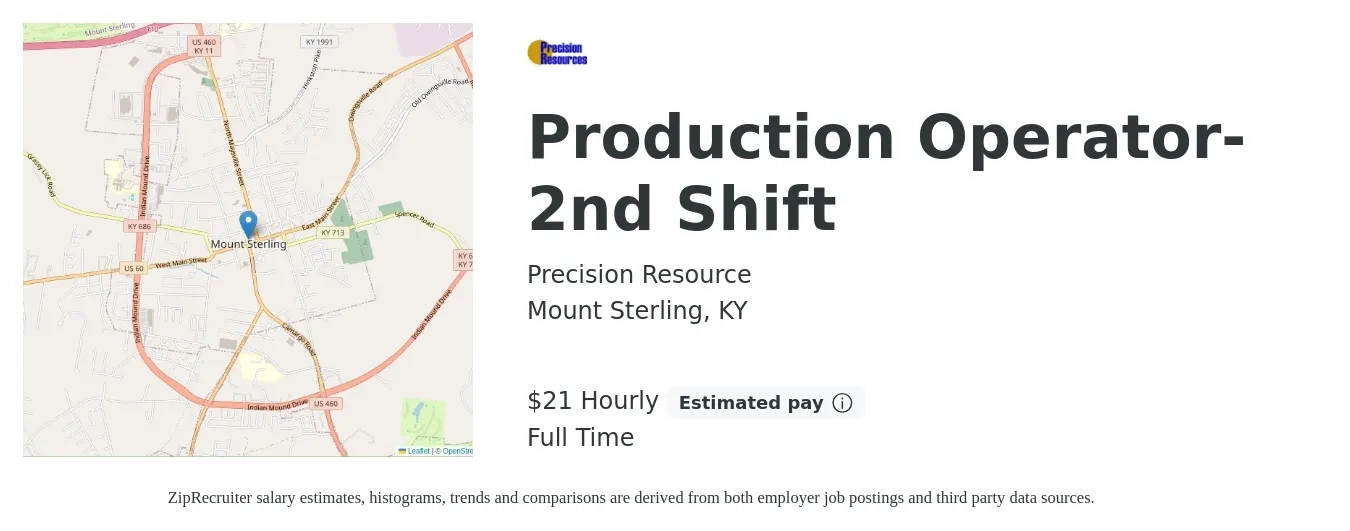 Precision Resource job posting for a Production Operator-2nd Shift in Mount Sterling, KY with a salary of $22 Hourly with a map of Mount Sterling location.