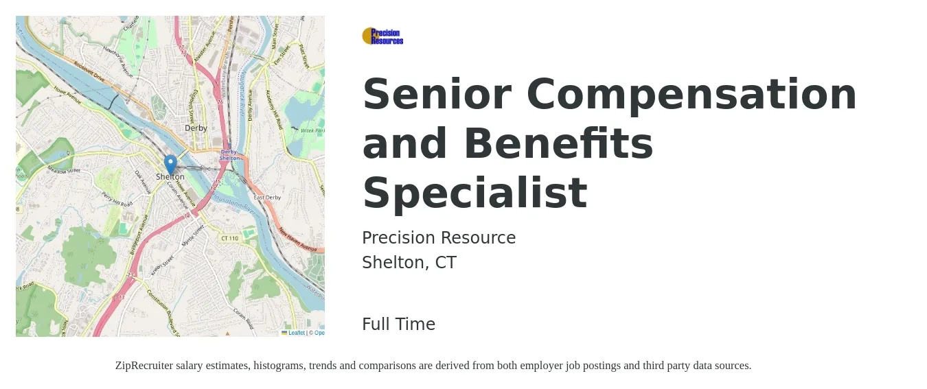 Precision Resource job posting for a Senior Compensation and Benefits Specialist in Shelton, CT with a salary of $51,700 to $77,200 Yearly with a map of Shelton location.