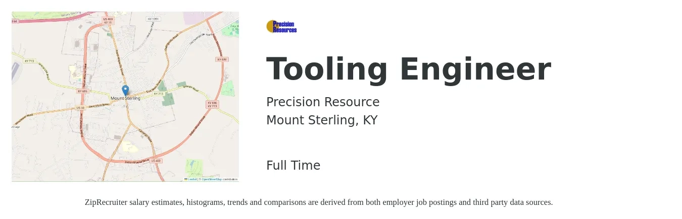 Precision Resource job posting for a Tooling Engineer in Mount Sterling, KY with a salary of $68,600 to $101,600 Yearly with a map of Mount Sterling location.