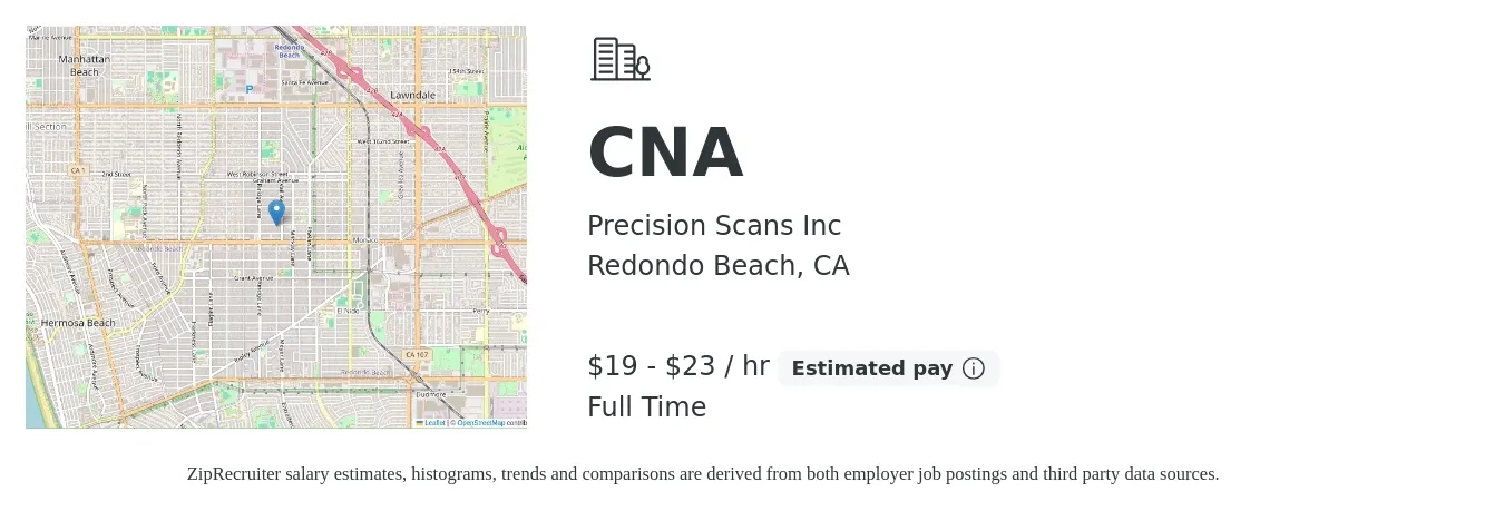 Precision Scans Inc job posting for a CNA in Redondo Beach, CA with a salary of $20 to $24 Hourly with a map of Redondo Beach location.