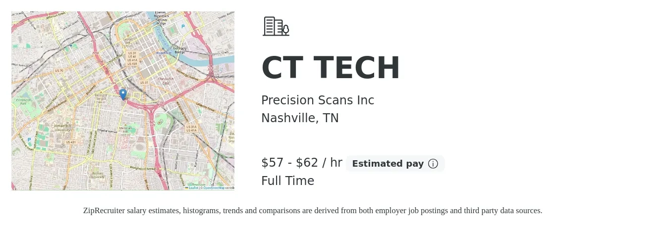 Precision Scans Inc job posting for a CT TECH in Nashville, TN with a salary of $60 to $65 Hourly with a map of Nashville location.