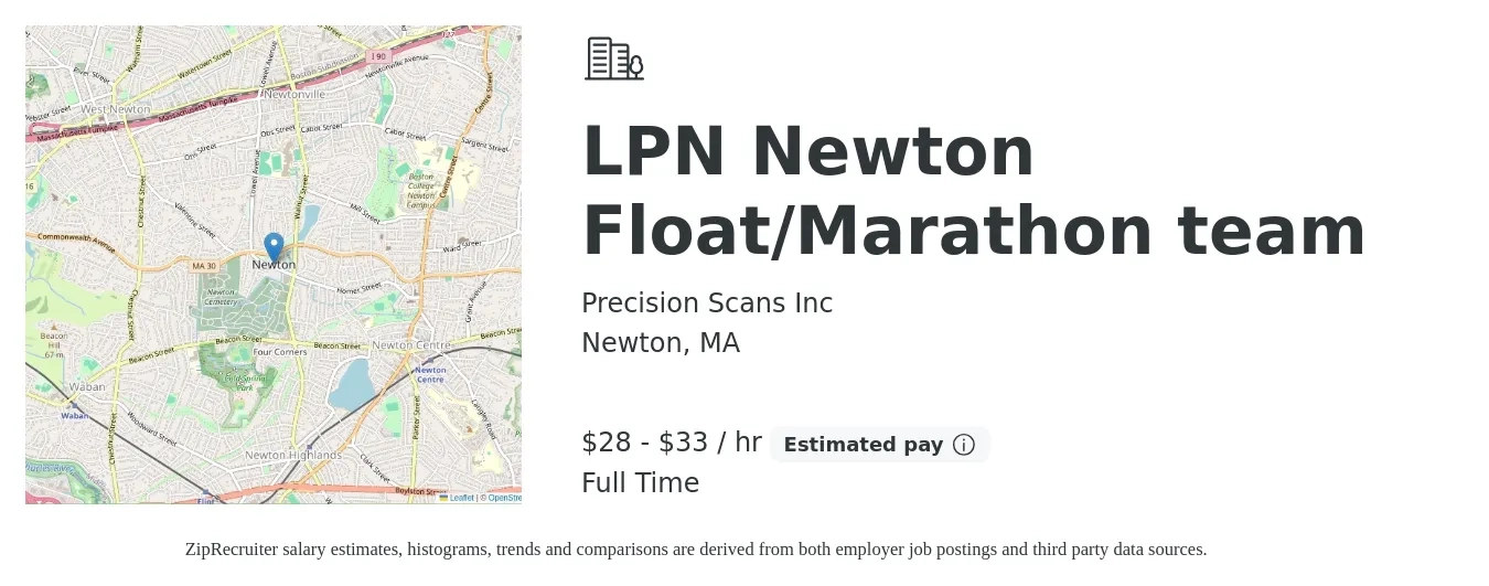 Precision Scans Inc job posting for a LPN Newton Float/Marathon team in Newton, MA with a salary of $30 to $35 Hourly with a map of Newton location.
