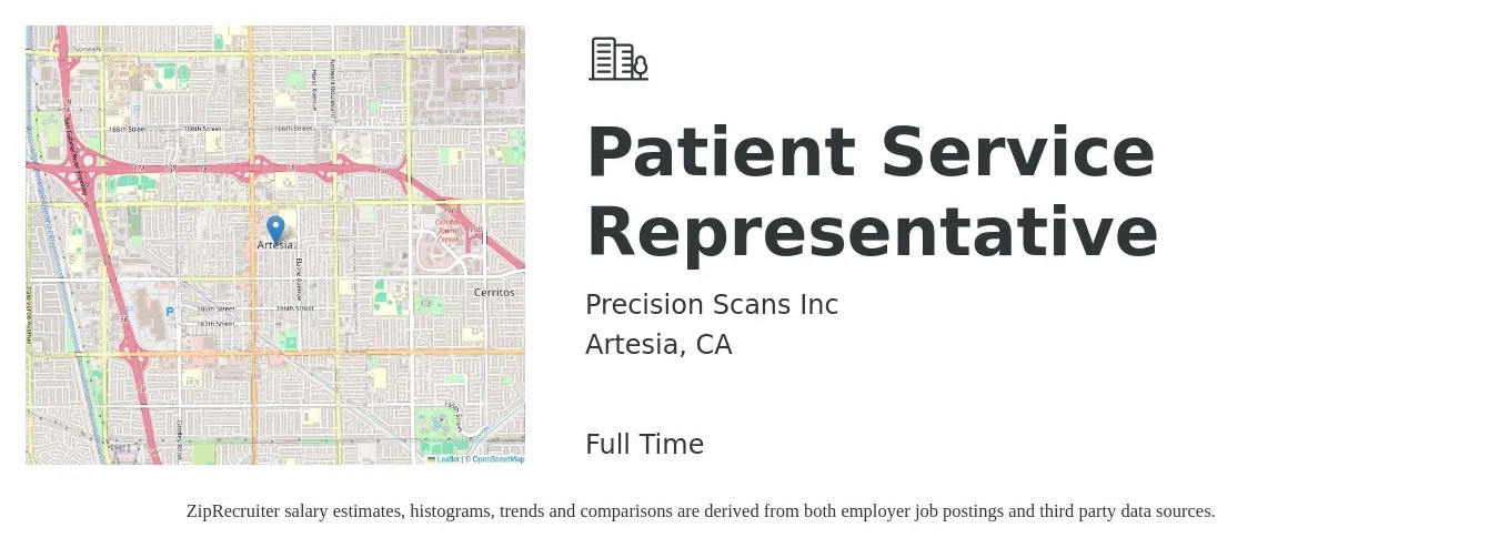 Precision Scans Inc job posting for a Patient Service Representative in Artesia, CA with a salary of $5 Daily with a map of Artesia location.
