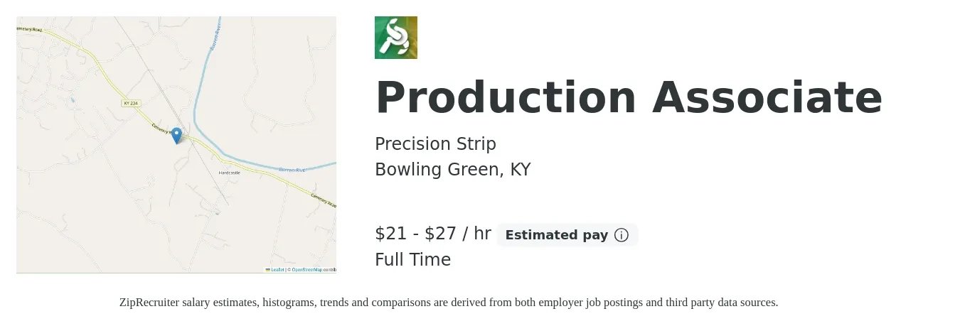 Precision Strip job posting for a Production Associate in Bowling Green, KY with a salary of $22 to $28 Hourly with a map of Bowling Green location.