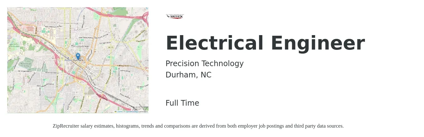 Precision Technology job posting for a Electrical Engineer in Durham, NC with a salary of $78,200 to $124,400 Yearly with a map of Durham location.