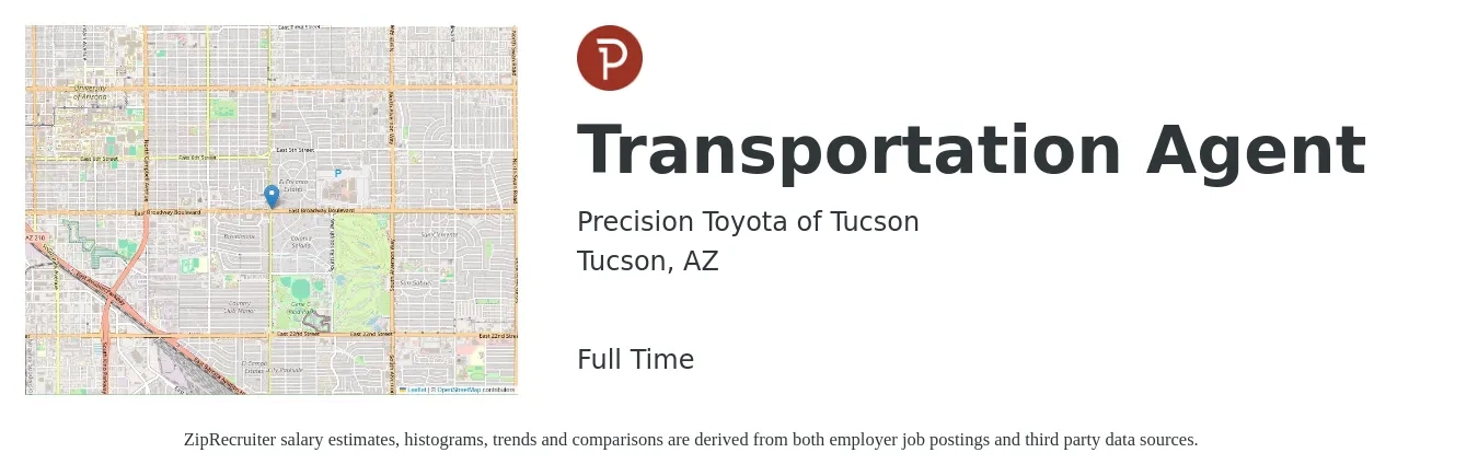 Precision Toyota of Tucson job posting for a Transportation Agent in Tucson, AZ with a salary of $18 to $26 Hourly with a map of Tucson location.