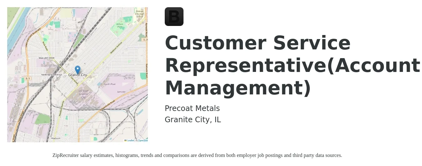 Precoat Metals job posting for a Customer Service Representative(Account Management) in Granite City, IL with a salary of $15 to $21 Hourly with a map of Granite City location.