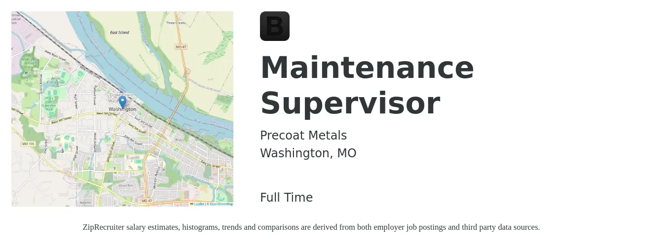 Precoat Metals job posting for a Maintenance Supervisor in Washington, MO with a salary of $21 to $35 Hourly with a map of Washington location.