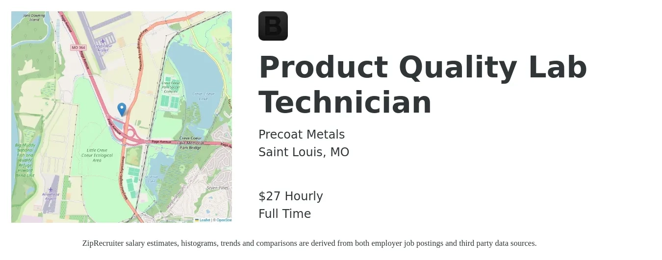 Precoat Metals job posting for a Product Quality Lab Technician in Saint Louis, MO with a salary of $29 Hourly with a map of Saint Louis location.