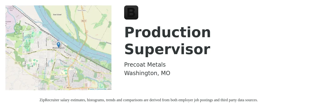Precoat Metals job posting for a Production Supervisor in Washington, MO with a salary of $49,500 to $71,200 Yearly with a map of Washington location.
