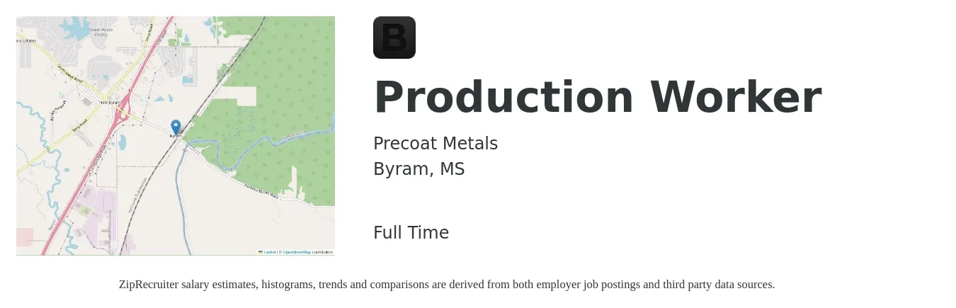 Precoat Metals job posting for a Production Worker in Byram, MS with a salary of $14 to $16 Hourly with a map of Byram location.