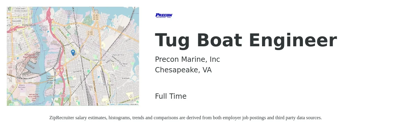 Precon Marine, Inc job posting for a Tug Boat Engineer in Chesapeake, VA with a map of Chesapeake location.