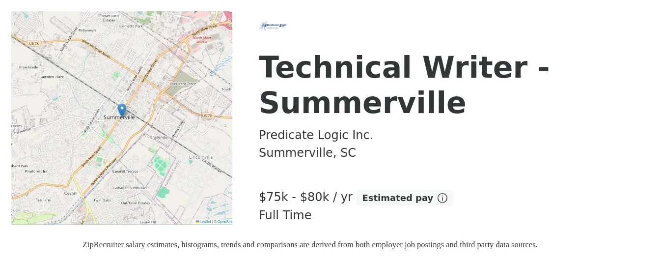 Predicate Logic Inc. job posting for a Technical Writer - Summerville in Summerville, SC with a salary of $75,000 to $80,000 Yearly with a map of Summerville location.