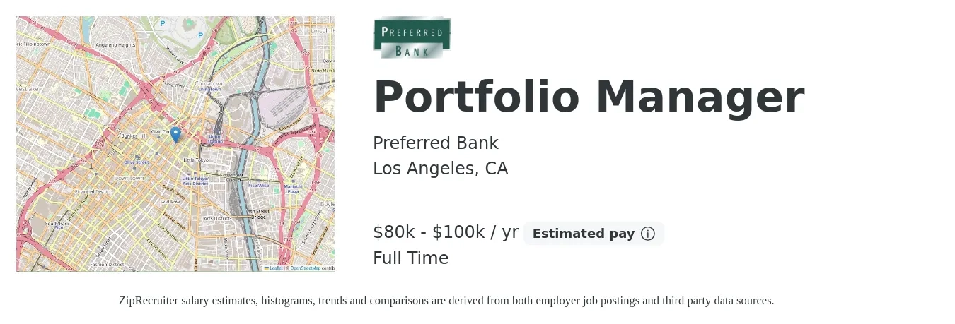 Preferred Bank job posting for a Portfolio Manager in Los Angeles, CA with a salary of $80,000 to $100,000 Yearly with a map of Los Angeles location.