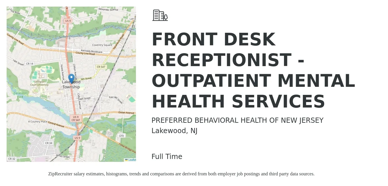 PREFERRED BEHAVIORAL HEALTH OF NEW JERSEY job posting for a FRONT DESK RECEPTIONIST - OUTPATIENT MENTAL HEALTH SERVICES in Lakewood, NJ with a salary of $15 to $19 Hourly with a map of Lakewood location.