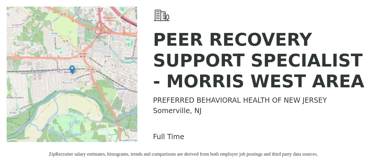 PREFERRED BEHAVIORAL HEALTH OF NEW JERSEY job posting for a PEER RECOVERY SUPPORT SPECIALIST - MORRIS WEST AREA in Somerville, NJ with a salary of $18 to $23 Hourly with a map of Somerville location.