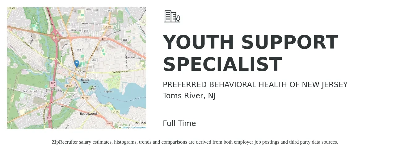 PREFERRED BEHAVIORAL HEALTH OF NEW JERSEY job posting for a YOUTH SUPPORT SPECIALIST in Toms River, NJ with a salary of $18 to $29 Hourly with a map of Toms River location.