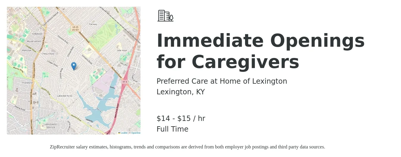 Preferred Care at Home of Lexington job posting for a Immediate Openings for Caregivers in Lexington, KY with a salary of $15 to $16 Hourly with a map of Lexington location.