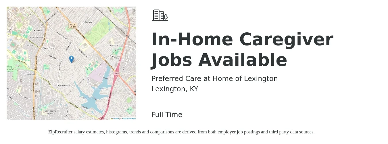 Preferred Care at Home of Lexington job posting for a In-Home Caregiver Jobs Available in Lexington, KY with a salary of $14 to $18 Hourly with a map of Lexington location.