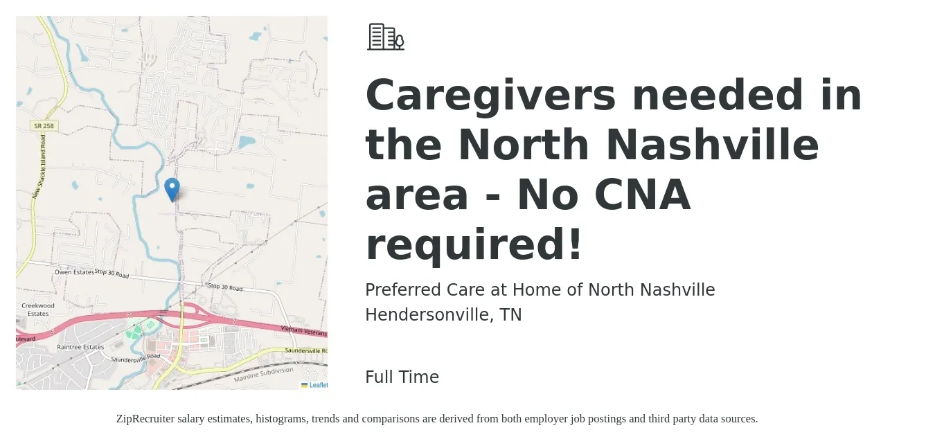 Preferred Care at Home of North Nashville job posting for a Caregivers needed in the North Nashville area - No CNA required! in Hendersonville, TN with a salary of $13 to $17 Hourly with a map of Hendersonville location.