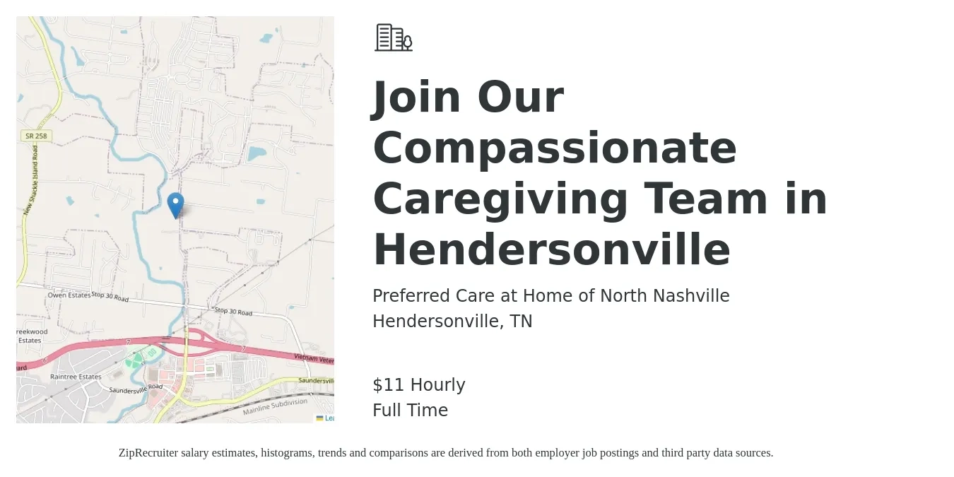 Preferred Care at Home of North Nashville job posting for a Join Our Compassionate Caregiving Team in Hendersonville in Hendersonville, TN with a salary of $12 Hourly with a map of Hendersonville location.