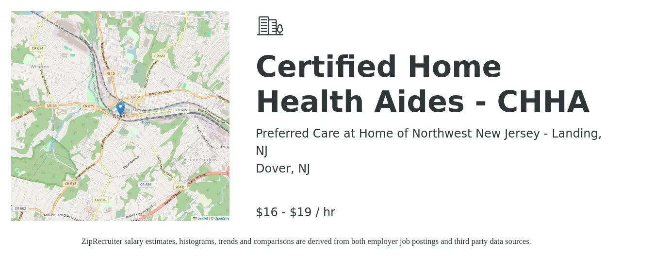 Preferred Care at Home of Northwest New Jersey - Landing, NJ job posting for a Certified Home Health Aides - CHHA in Dover, NJ with a salary of $17 to $20 Hourly with a map of Dover location.