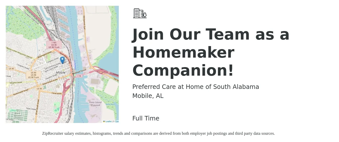 Preferred Care at Home of South Alabama job posting for a Join Our Team as a Homemaker Companion! in Mobile, AL with a salary of $14 to $17 Hourly with a map of Mobile location.