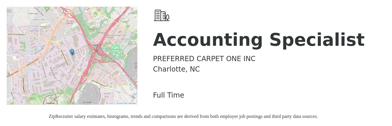 PREFERRED CARPET ONE INC job posting for a Accounting Specialist in Charlotte, NC with a salary of $21 to $28 Hourly with a map of Charlotte location.