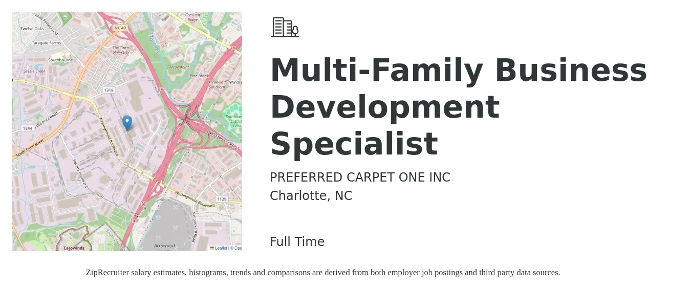 PREFERRED CARPET ONE INC job posting for a Multi-Family Business Development Specialist in Charlotte, NC with a salary of $46,400 to $77,400 Yearly with a map of Charlotte location.