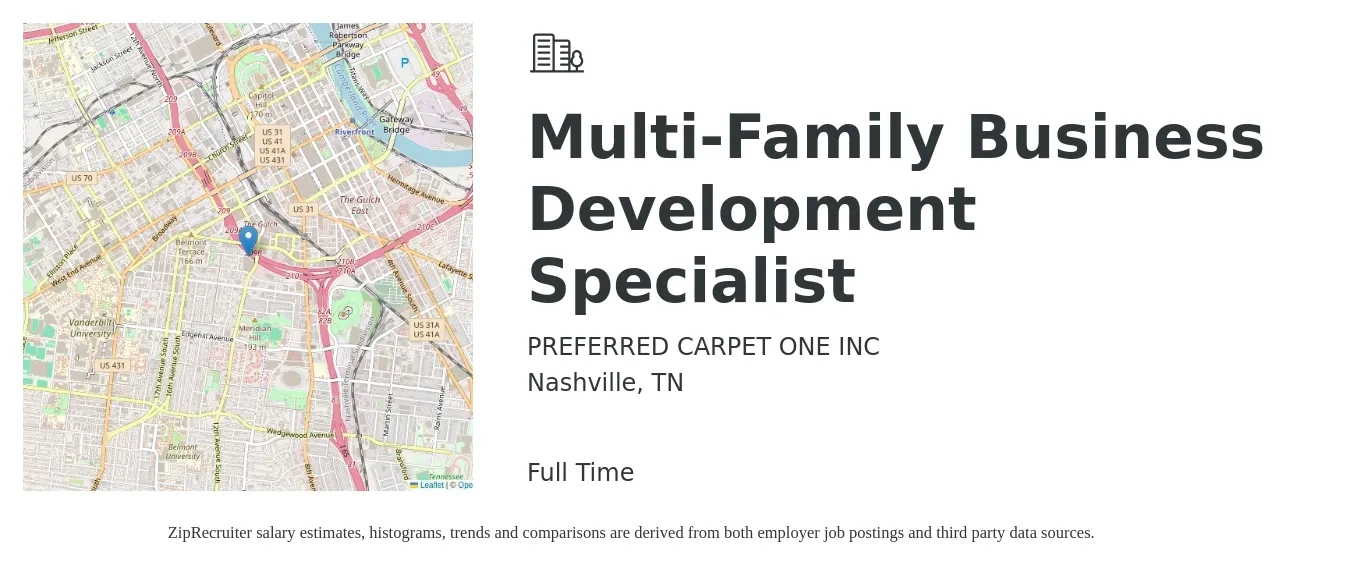 PREFERRED CARPET ONE INC job posting for a Multi-Family Business Development Specialist in Nashville, TN with a salary of $42,700 to $71,200 Yearly with a map of Nashville location.