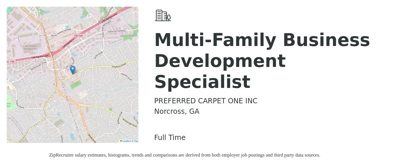 PREFERRED CARPET ONE INC job posting for a Multi-Family Business Development Specialist in Norcross, GA with a salary of $44,100 to $73,600 Yearly with a map of Norcross location.