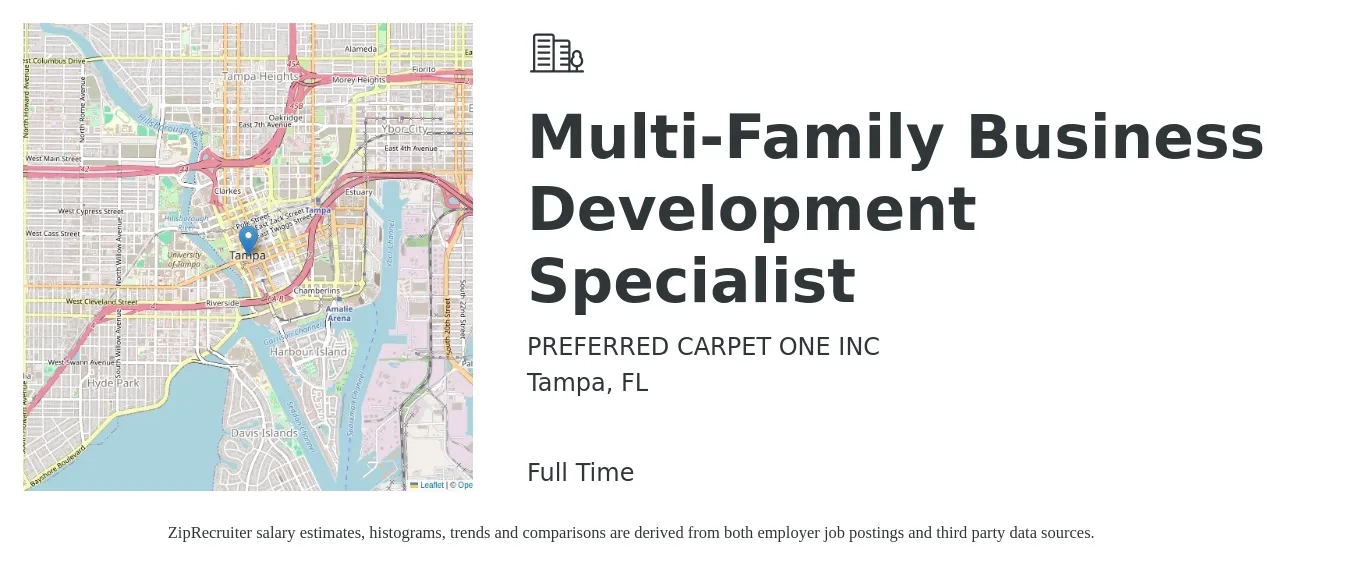 PREFERRED CARPET ONE INC job posting for a Multi-Family Business Development Specialist in Tampa, FL with a salary of $44,400 to $74,200 Yearly with a map of Tampa location.