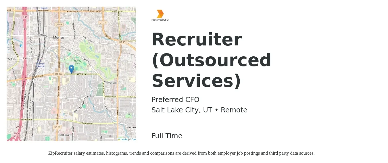 Preferred CFO job posting for a Recruiter (Outsourced Services) in Salt Lake City, UT with a salary of $20 to $32 Hourly with a map of Salt Lake City location.