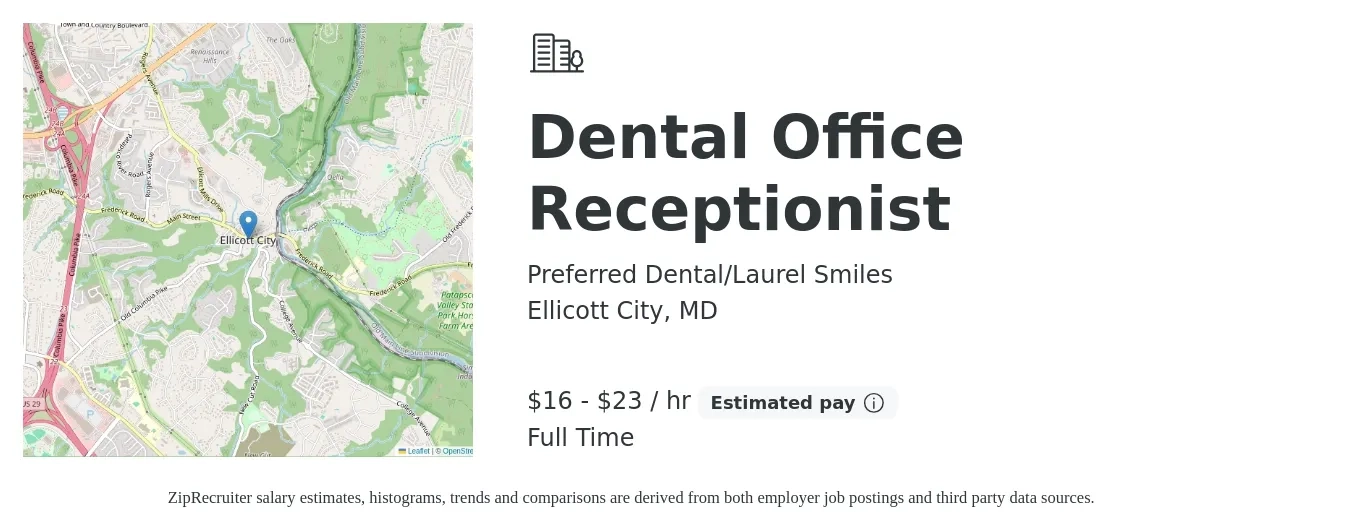 Preferred Dental/Laurel Smiles job posting for a Dental Office Receptionist in Ellicott City, MD with a salary of $17 to $24 Hourly with a map of Ellicott City location.
