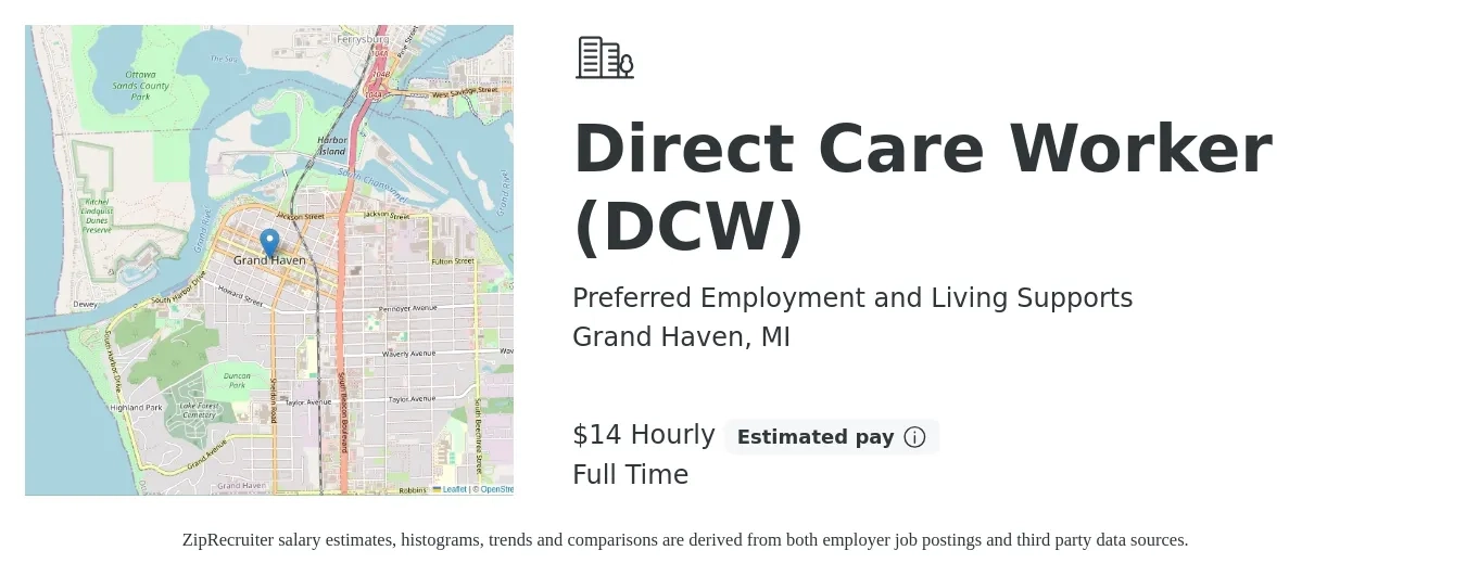 Preferred Employment and Living Supports job posting for a Direct Care Worker (DCW) in Grand Haven, MI with a salary of $15 Hourly with a map of Grand Haven location.