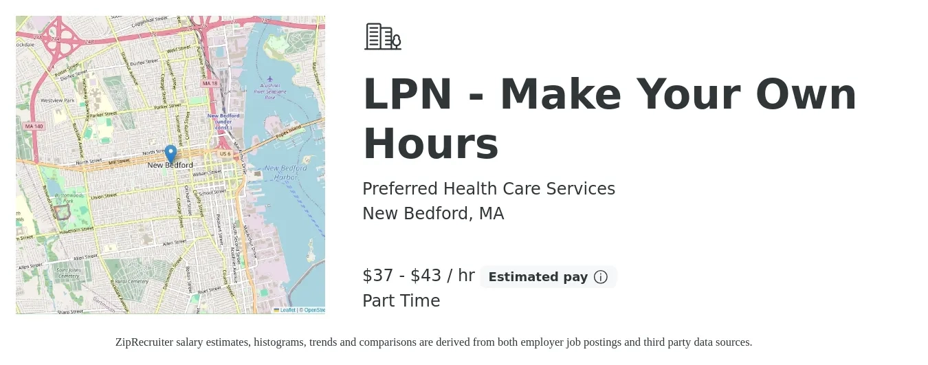 Preferred Health Care Services job posting for a LPN - Make Your Own Hours in New Bedford, MA with a salary of $39 to $45 Hourly with a map of New Bedford location.