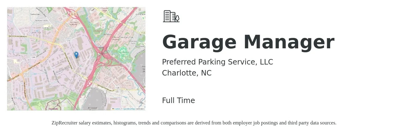 Preferred Parking Service, LLC job posting for a Garage Manager in Charlotte, NC with a map of Charlotte location.