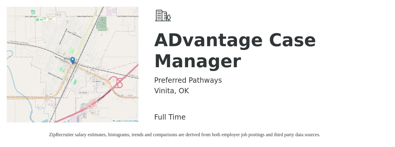 Preferred Pathways job posting for a ADvantage Case Manager in Vinita, OK with a salary of $28 to $46 Hourly with a map of Vinita location.
