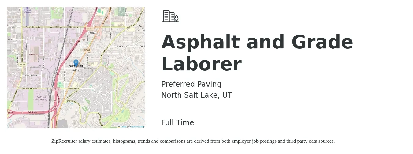 Preferred Paving job posting for a Asphalt and Grade Laborer in North Salt Lake, UT with a salary of $15 to $19 Hourly with a map of North Salt Lake location.
