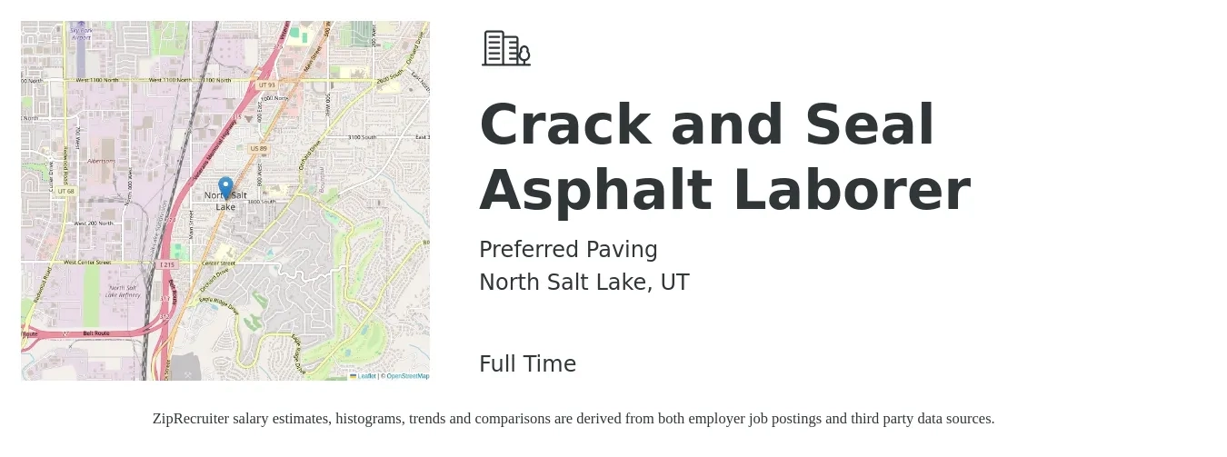 Preferred Paving job posting for a Crack and Seal Asphalt Laborer in North Salt Lake, UT with a salary of $15 to $19 Hourly with a map of North Salt Lake location.