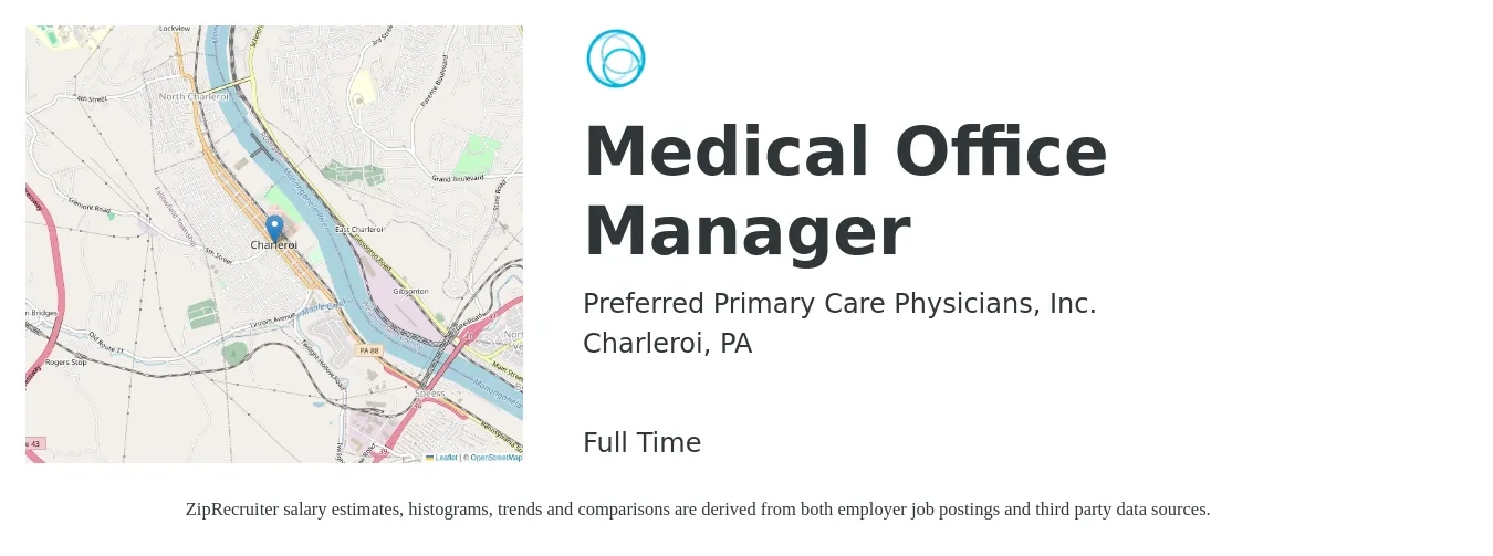 Preferred Primary Care Physicians, Inc. job posting for a Medical Office Manager in Charleroi, PA with a salary of $38,600 to $55,800 Yearly with a map of Charleroi location.