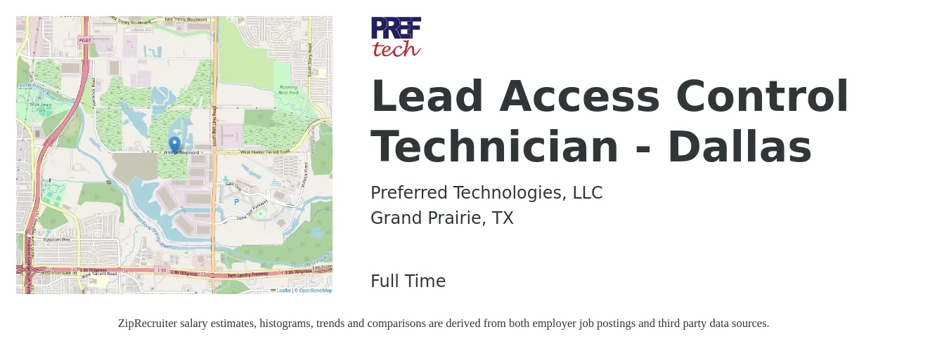 Preferred Technologies, LLC job posting for a Lead Access Control Technician - Dallas in Grand Prairie, TX with a salary of $41,700 to $54,000 Yearly with a map of Grand Prairie location.