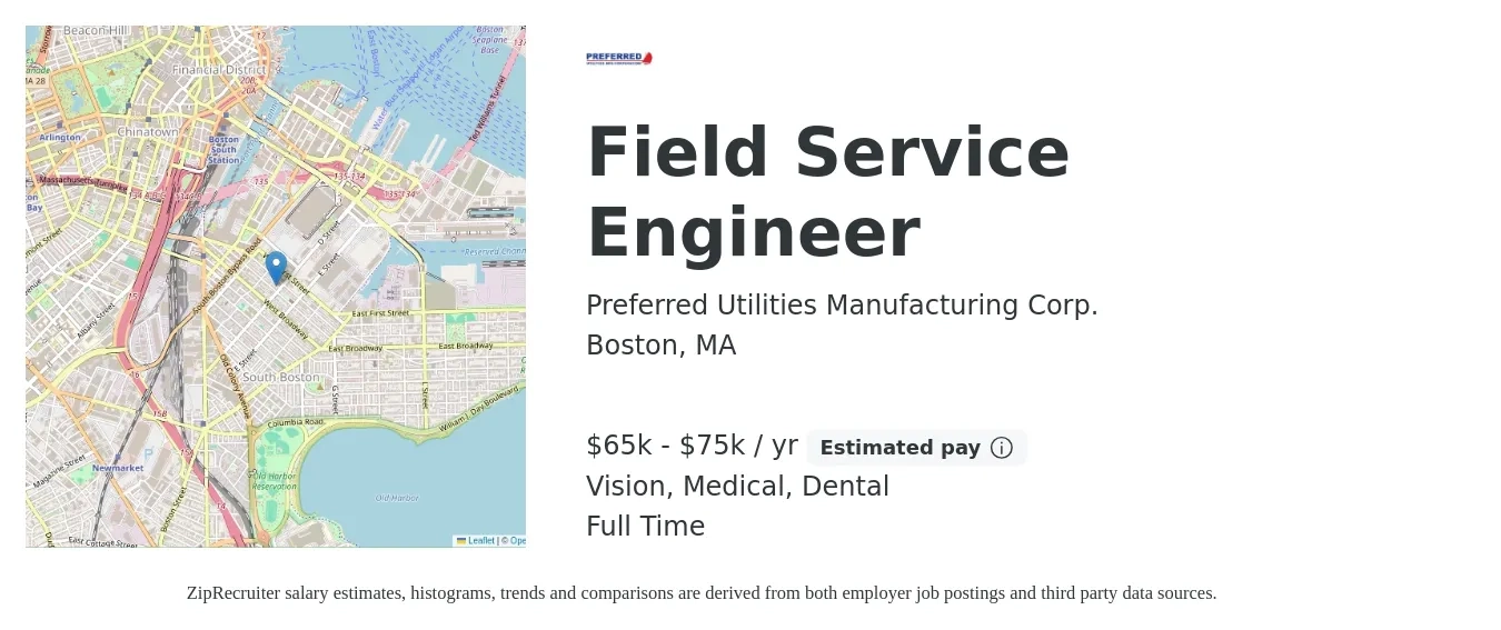 Preferred Utilities Manufacturing Corp. job posting for a Field Service Engineer in Boston, MA with a salary of $65,000 to $75,000 Yearly and benefits including vision, dental, life_insurance, medical, pto, and retirement with a map of Boston location.