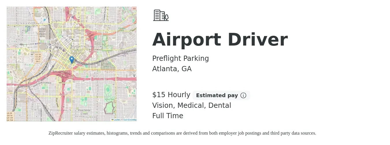 Preflight Parking job posting for a Airport Driver in Atlanta, GA with a salary of $16 Hourly and benefits including dental, life_insurance, medical, retirement, and vision with a map of Atlanta location.
