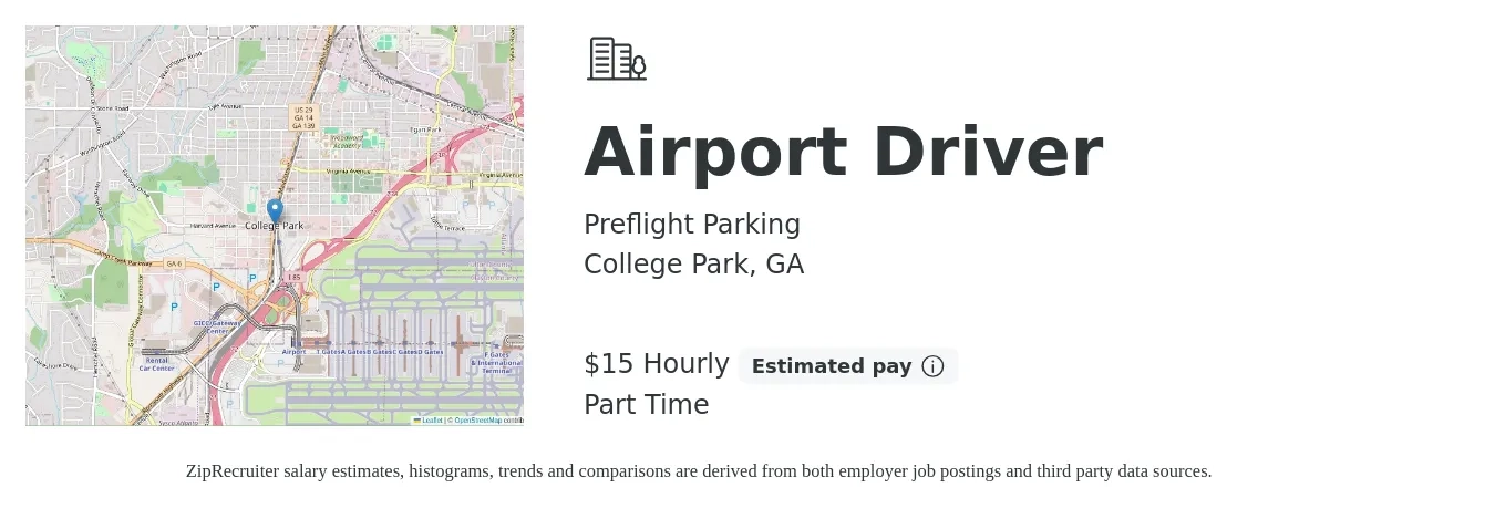 Preflight Parking job posting for a Airport Driver in College Park, GA with a salary of $16 Hourly with a map of College Park location.