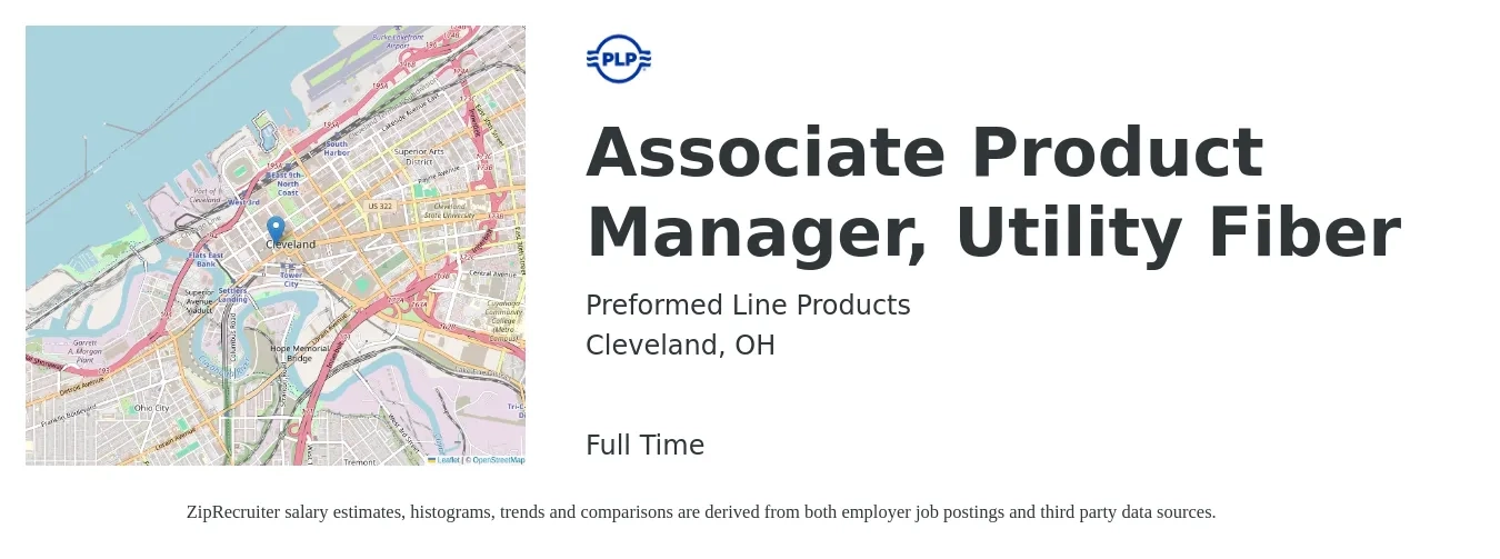 Preformed Line Products job posting for a Associate Product Manager, Utility Fiber in Cleveland, OH with a salary of $24 to $38 Hourly with a map of Cleveland location.