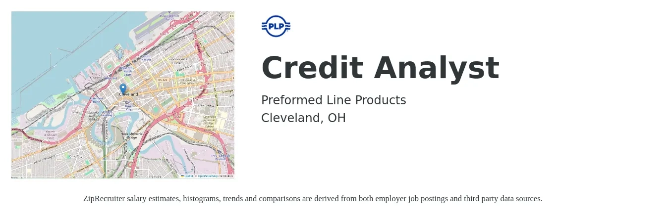 Preformed Line Products job posting for a Credit Analyst in Cleveland, OH with a salary of $23 to $34 Hourly with a map of Cleveland location.