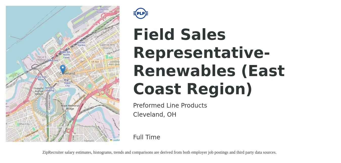 Preformed Line Products job posting for a Field Sales Representative- Renewables (East Coast Region) in Cleveland, OH with a salary of $20 to $27 Hourly with a map of Cleveland location.