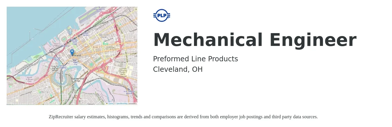 Preformed Line Products job posting for a Mechanical Engineer in Cleveland, OH with a salary of $79,100 to $122,700 Yearly with a map of Cleveland location.